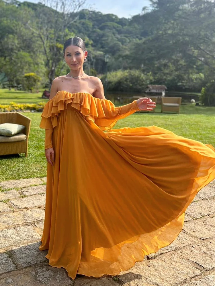 

Women Elegant Solid Ruffles Hem Off Shoulder Long Dress Sexy Off Shoulder Backless Full Sleeve Maxi Dresses Chic Lady Party Robe