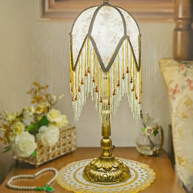 SANDYHA French Retro Floor Lamp Patterned Fabric Lampshade Tassel Green Design for Bedroom Bedside Living Room Decoration Home