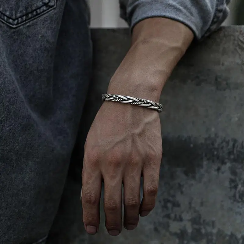 Men Thai Silver Twisted Woven Opening Bracelets Bangle Neutral Retro Original Handmade Exquisite Jewelry Unique Gift