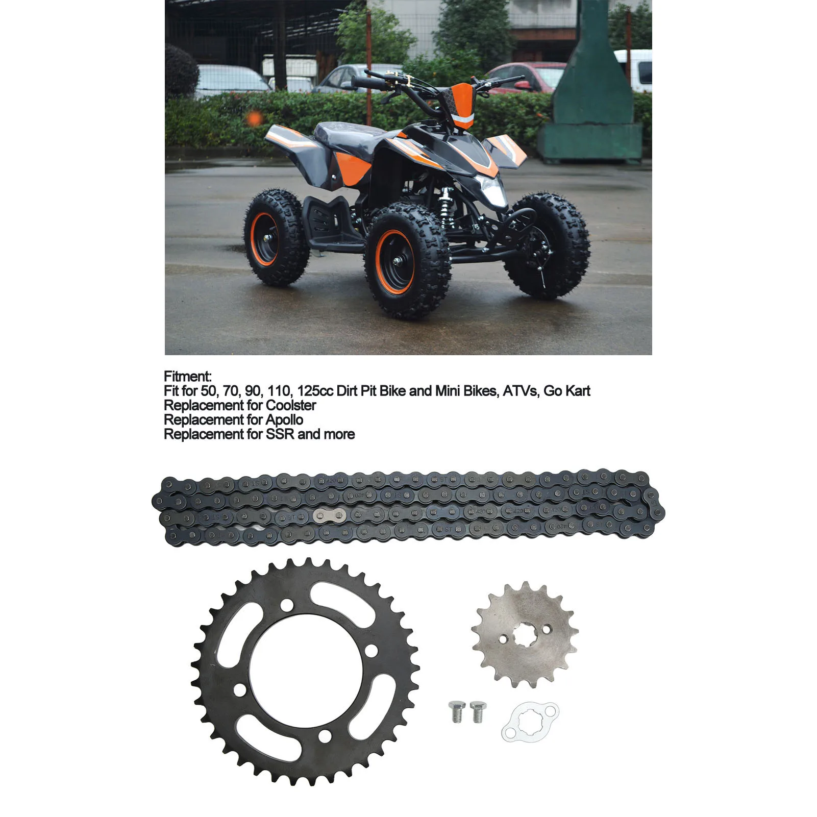Front Rear Sprocket 420 Chain 155mm 37T Rear 420 17T Front Sprocket  for 50cc to 125cc Dirt Mini Bikes ATV Go Kart