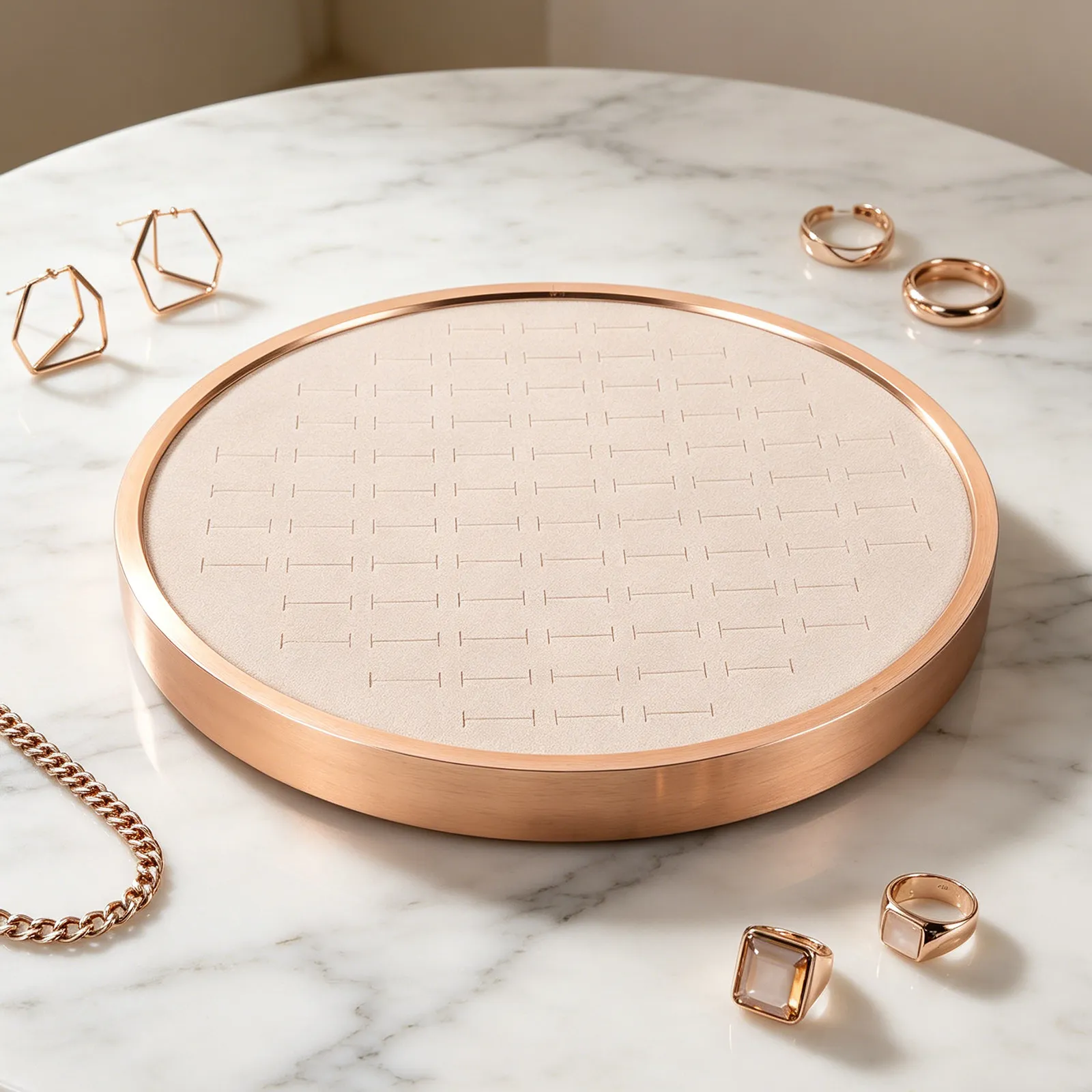 

Metal Beige Round Jewelry Tray Storage Dish 11.65 Inch Sturdy Organizer for Bracelets Earrings Rings Vanity Table Drawer Display