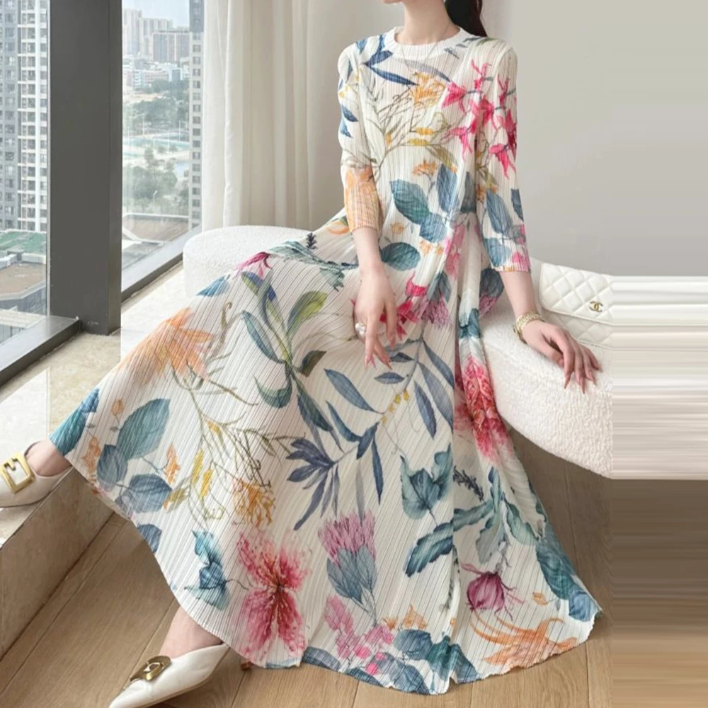 

Folds 2026 spring new printing crew neck high-end fashion dress women long dresses for women