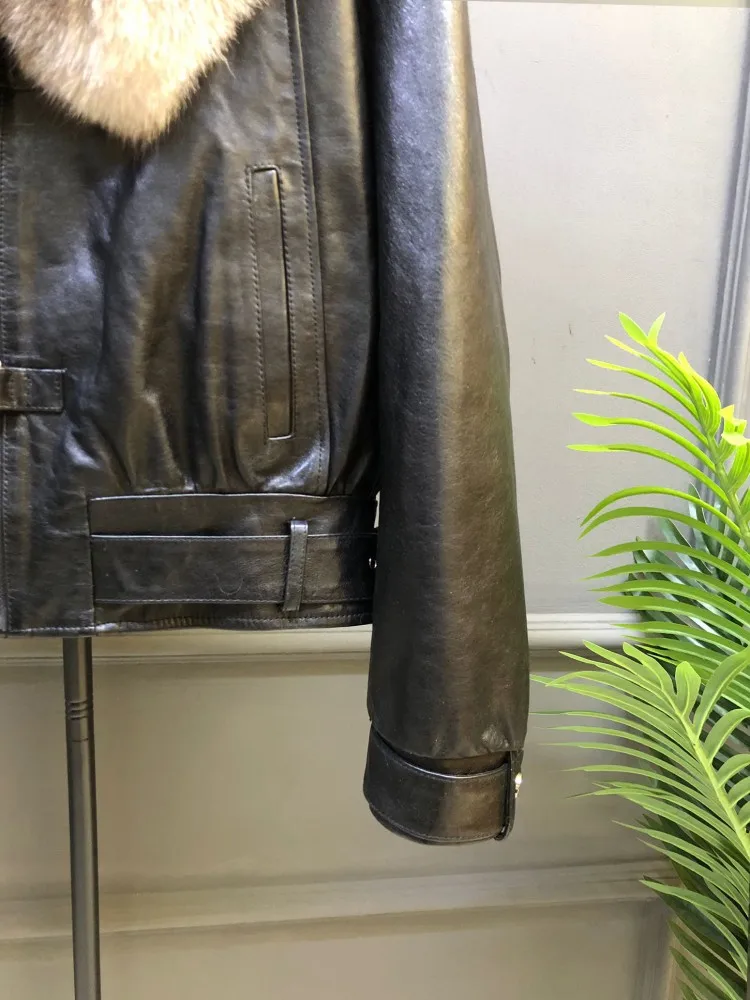 جديد الشتاء المرأة الدافئة أوزة أسفل سترة فاخرة الثعلب الفراء طوق الشارع الشهير سستة الشرير النفط الشمع البقر جلد طبيعي معطف قصير #4