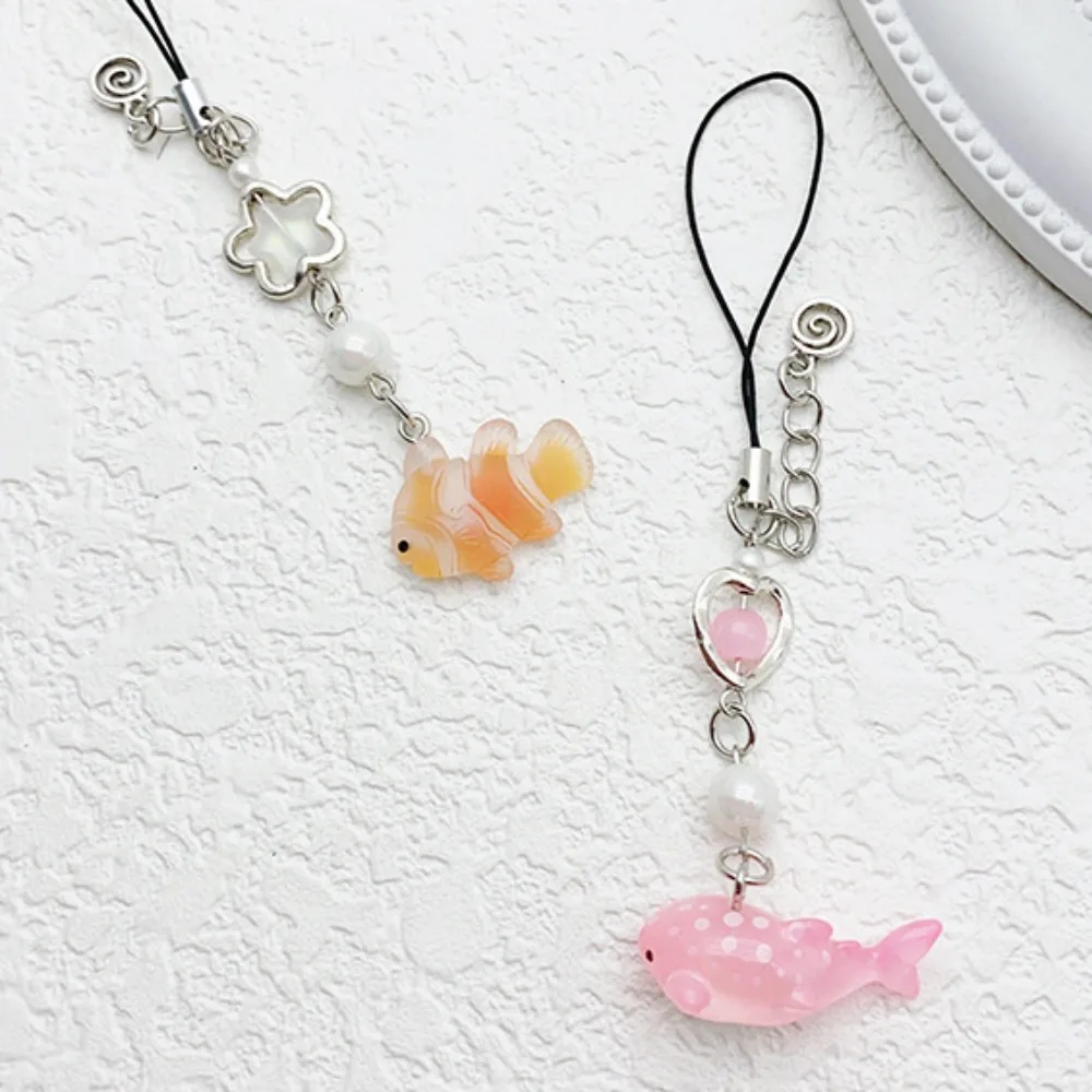 Small Fish Bead Pendant Phone Charm Hangings Rope Sweet Phone Chain Strap Bag Decoration Lanyard Keychain Accessory