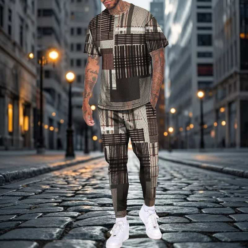 

Осень-лето 2022, модные персонализированные полосатые клетчатые мужские брюки с короткими рукавами для взрослых, повседневный спортивный костюм для отдыха