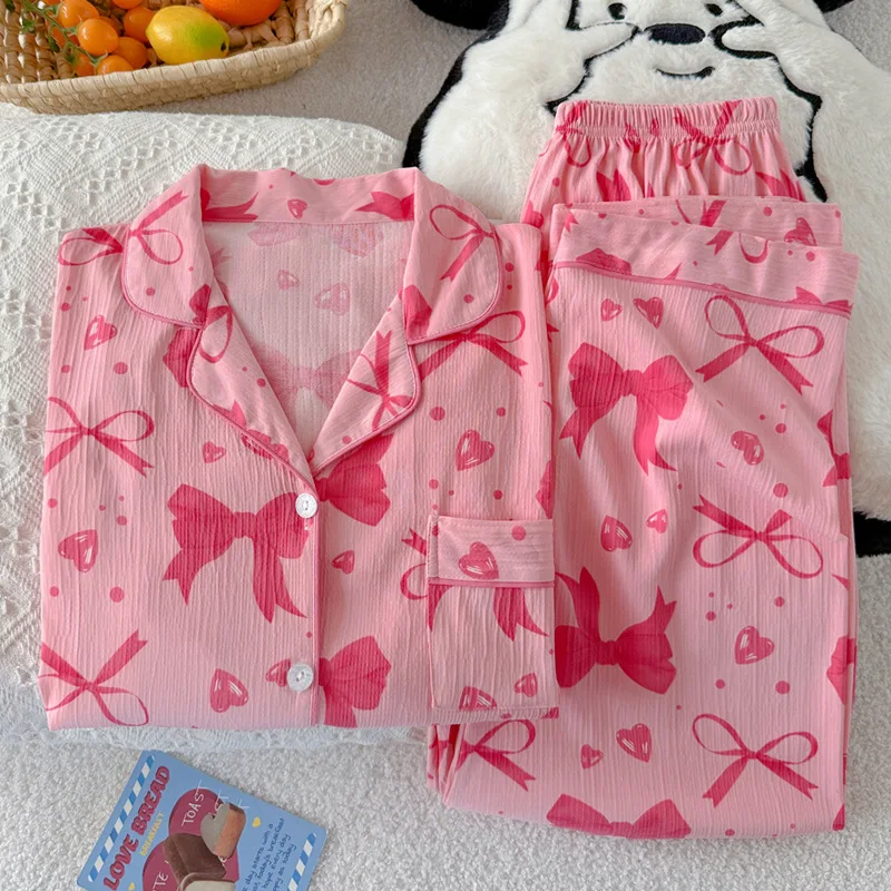 Japonais doux rose et tendre grand nœud printemps et automne vêtements de nuit à manches longues Cardigan extérieur pyjamas ensemble décontracté maison vêtements