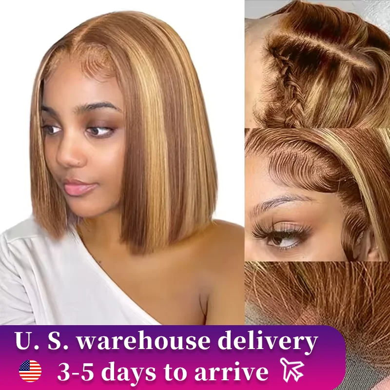 4/27 Highlight Bob Wigs Straight Lace Front Wig Human Hair Ombre Frontal Bob Wig Human Hair gluelss wear to go Ombre Brown Wig 1