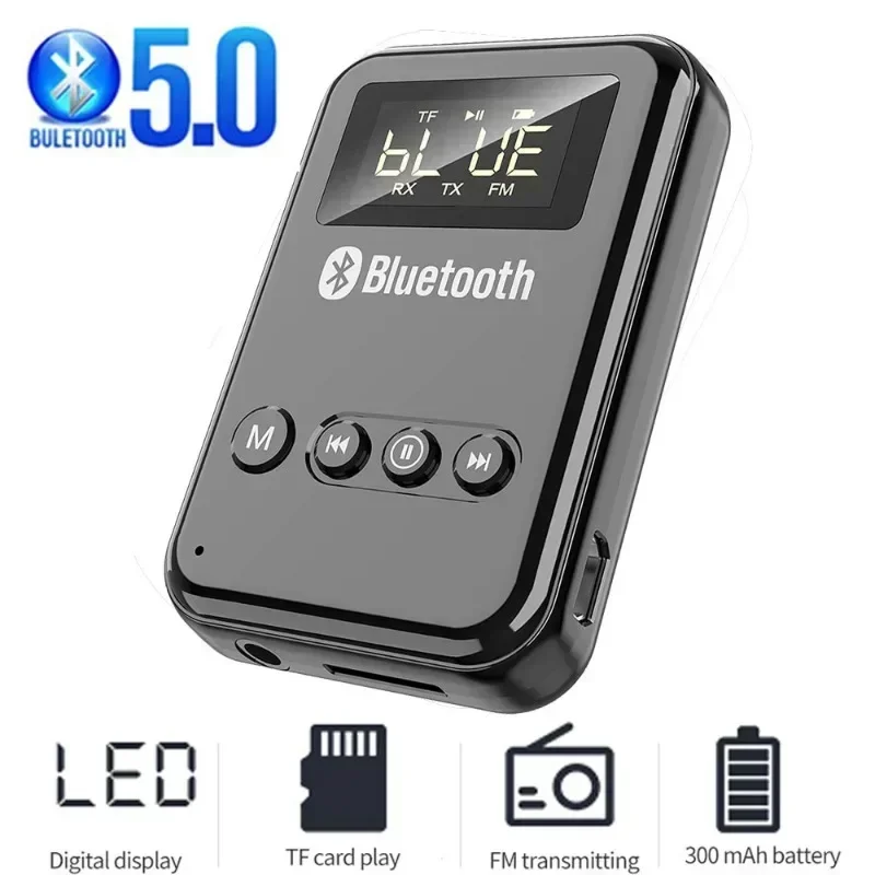 LED Bluetooth 5.0 Adapter Transmitter Receiver Wireless Audio For Car Music Headphone Speaker 300mA Battery Support TF Card FM