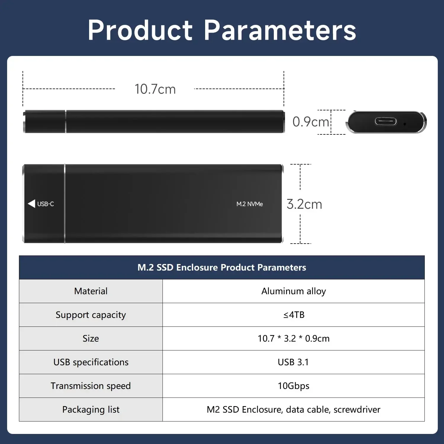 M.2 SSD Case to USB 3.1 Enclosure Adapter 10Gbps USB 3.1 Gen2 USB C Aluminum Alloy Supports M and M Key/B&M Key Interface
