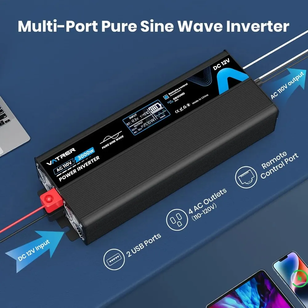 3000 Watt Pure Sine Wave Inverter 12V DC to 110V/120V AC Power Inverter with LCD Screen Display, 4 AC Outlets, 2 USB, Custom