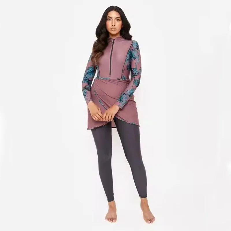 Muslim All Inclusive Sun Protection Women's Three Piece Set With Half Flower Leaf Print Elegant And Slimming Effect