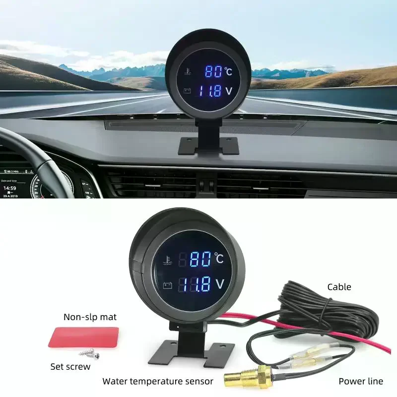 Auto LCD Water Temperature & Voltmeter Gauge 2 In 1 Round Led Digital Water Temp Gauge + Temperature Sensor 10mm 12V 24V