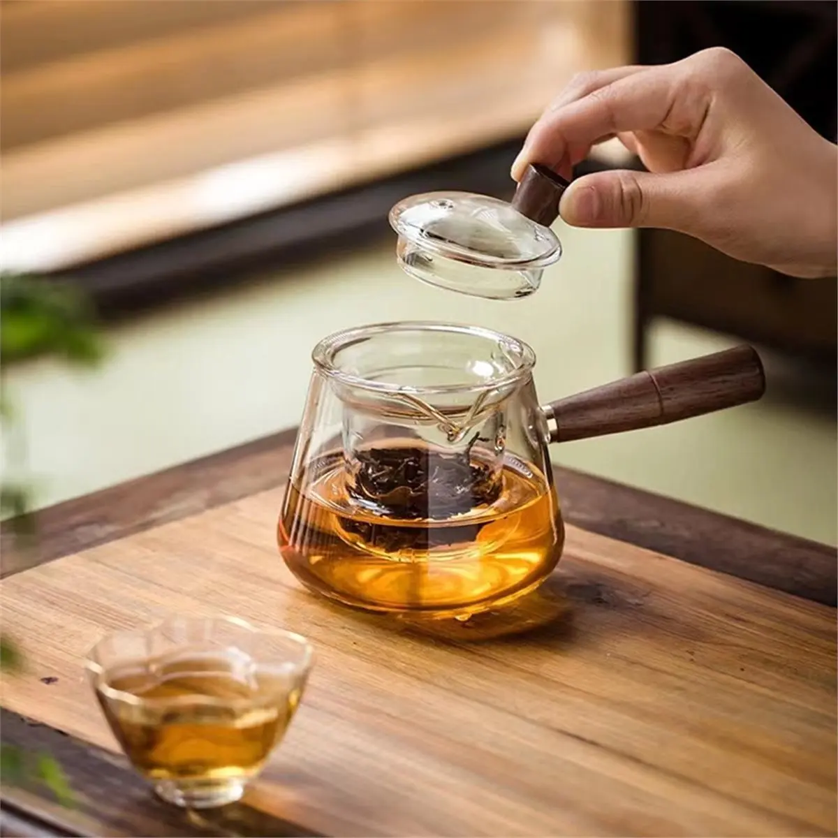Time Saving Side Wooden Handle Glass Teapot with Infuser Filter Inner Boiling Loose Leaf Tea Pot KungFu Tea Set