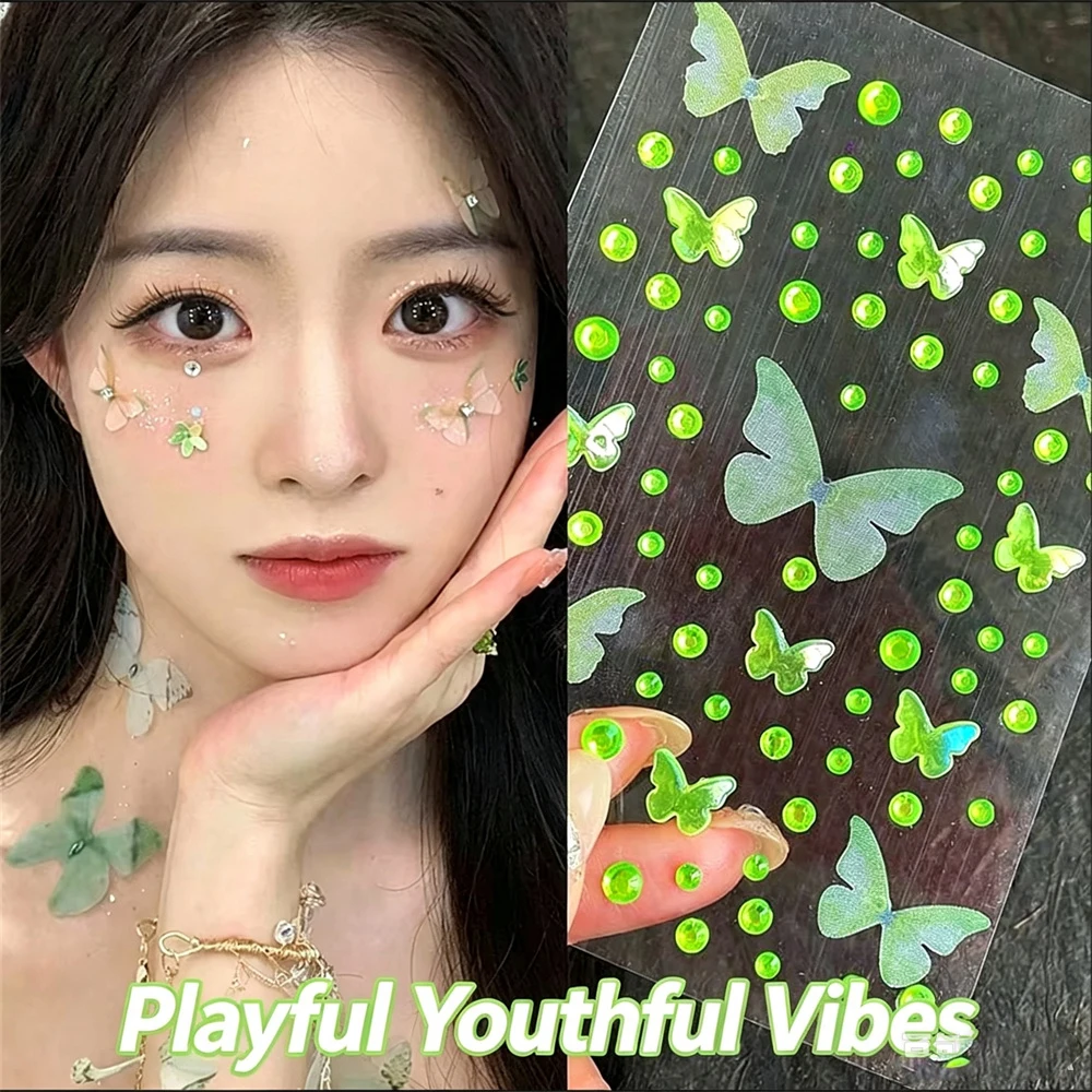 Kawaii Green Elf Butterfly Rhinestone Face Stickers For Girl Makeup Self Adhesive Weaving Butterfly Semicircle Rhinestone Stage