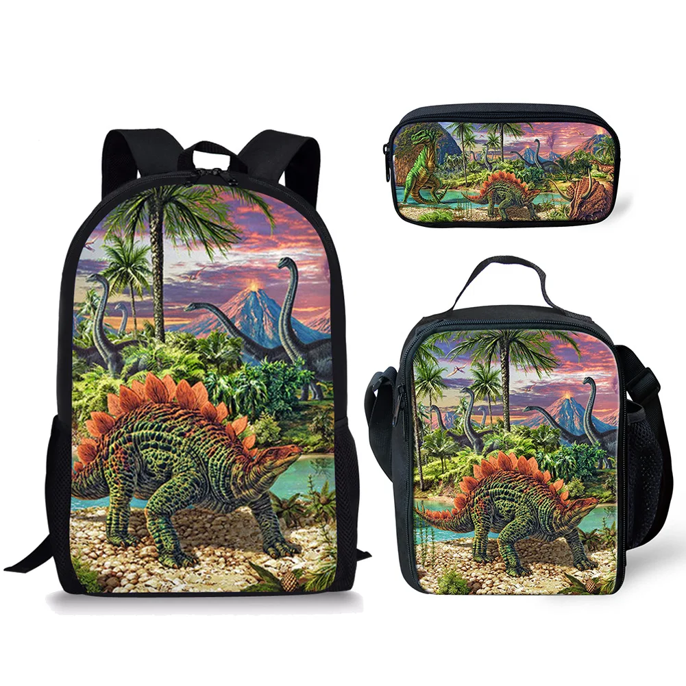 Cartoon Herbivore Dinosaurus 3 Stks/set Rugzak 3d Print School Student Boekentas Anime Laptop Dagrugzak Lunch Tas Etui