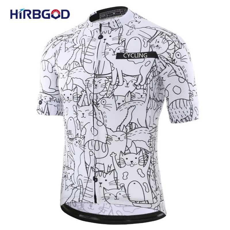 HIRBGOD Pro Team Men Cycling Jersey Short Sleeve MTB Racing Biking Clothing Breathable Quick Dry White Cartoon Cat Sprotwear Top