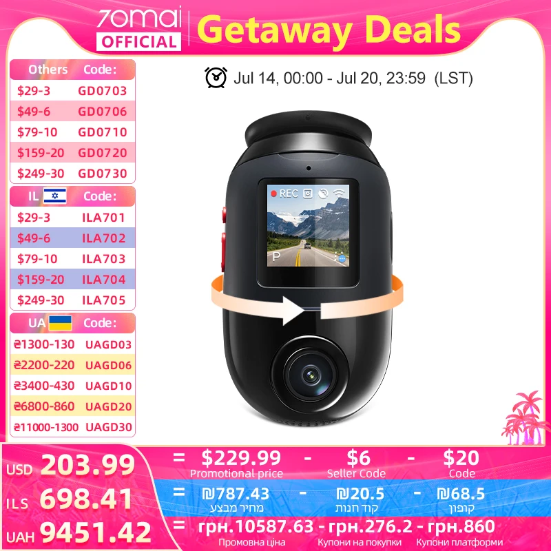 Видеорегистратор 70mai 4K Omni X800, двухканальный HDR 360° °   Вращающийся суперконденсатор F1.7, 60 кадров в секунду, 4G, совместимый с Wi-Fi 6 70mai X800 Omni