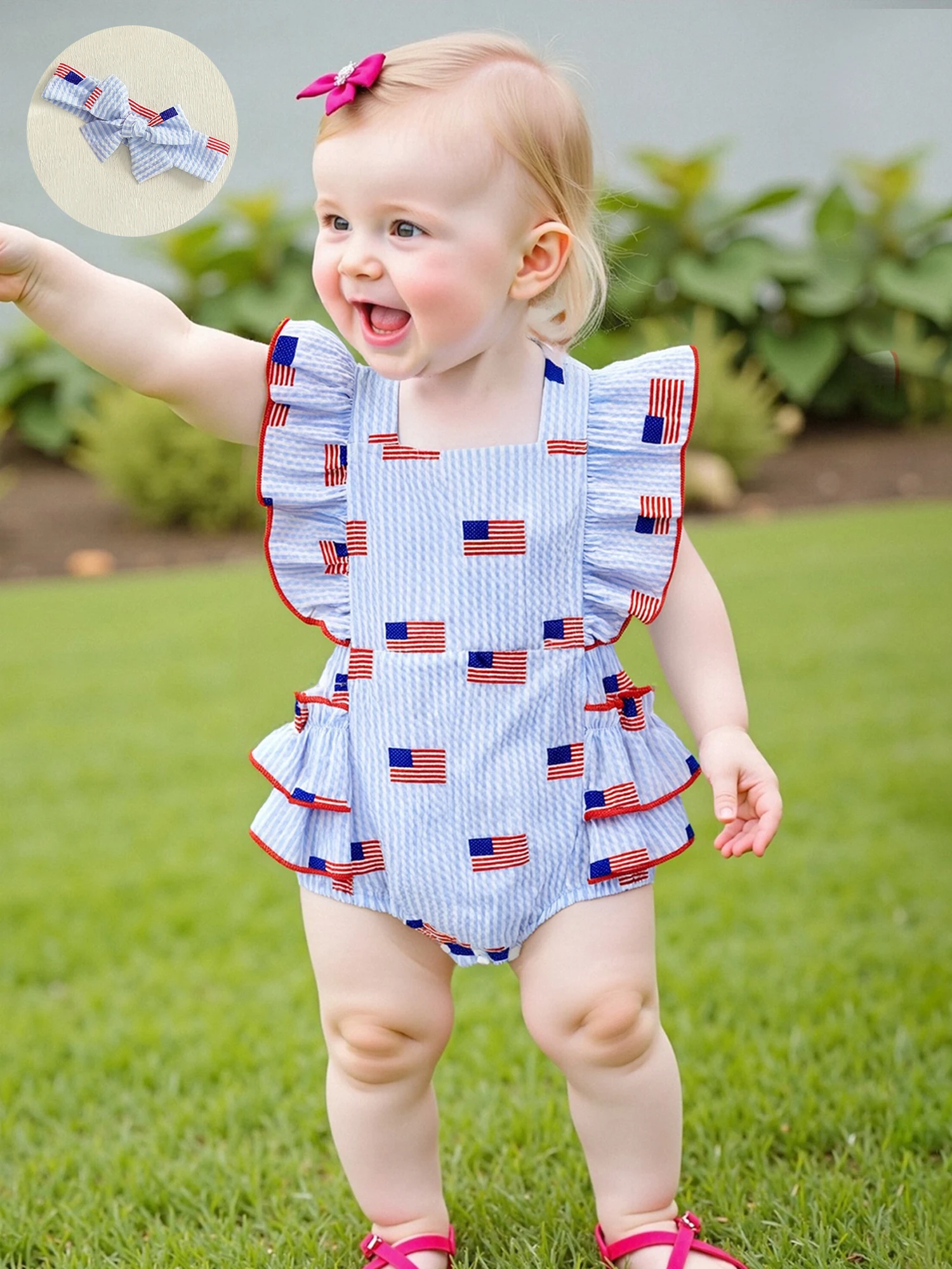 

Adorable Baby Girl Set Patriotic Stars and Stripes Romper with Matching Headband Fourth of July Outfit for Infants