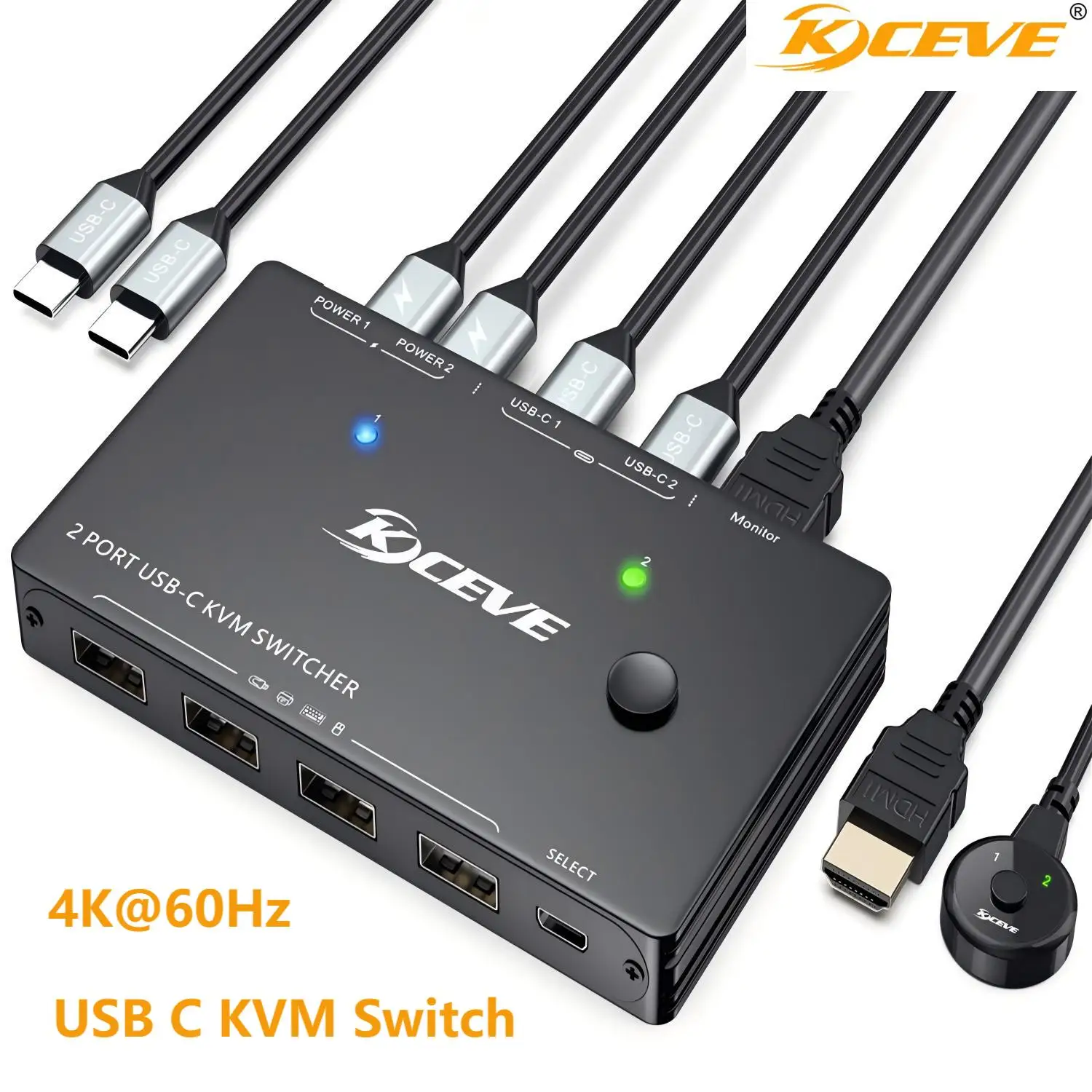 4K USB C KVM Switch,KCEVE 2 Computers Share 1 Monitor & 4 USB Devices,Compatible with Thunderbolt 3,with 100 W Power Delivery