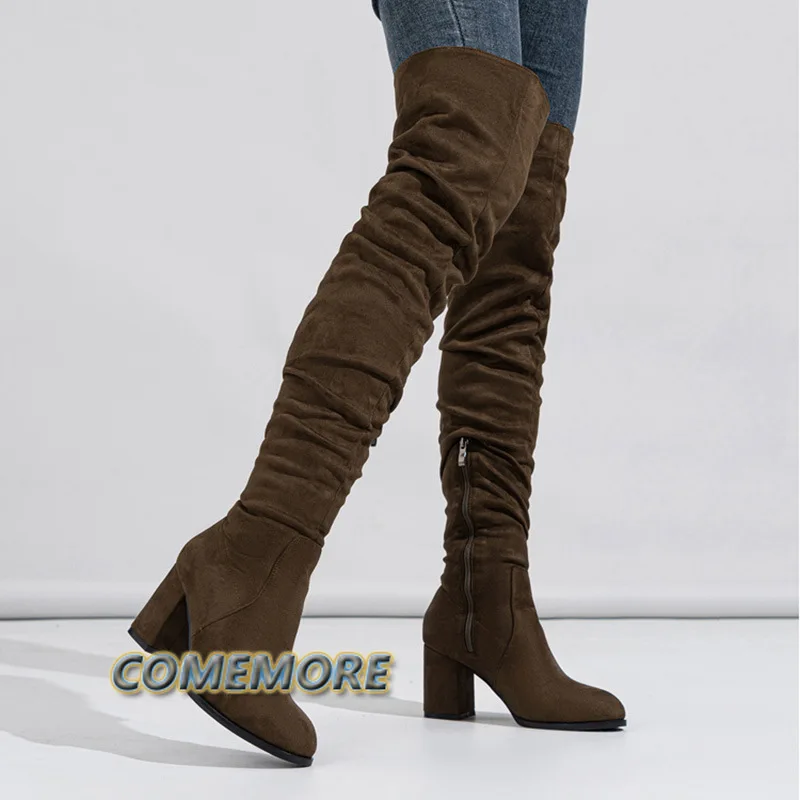 2023 New Fashion Round Toe Zip Thigh High Boot Women Autumn Winter Casual Chunky Heels Motorcycle Over The Knee Shoe Botas Mujer