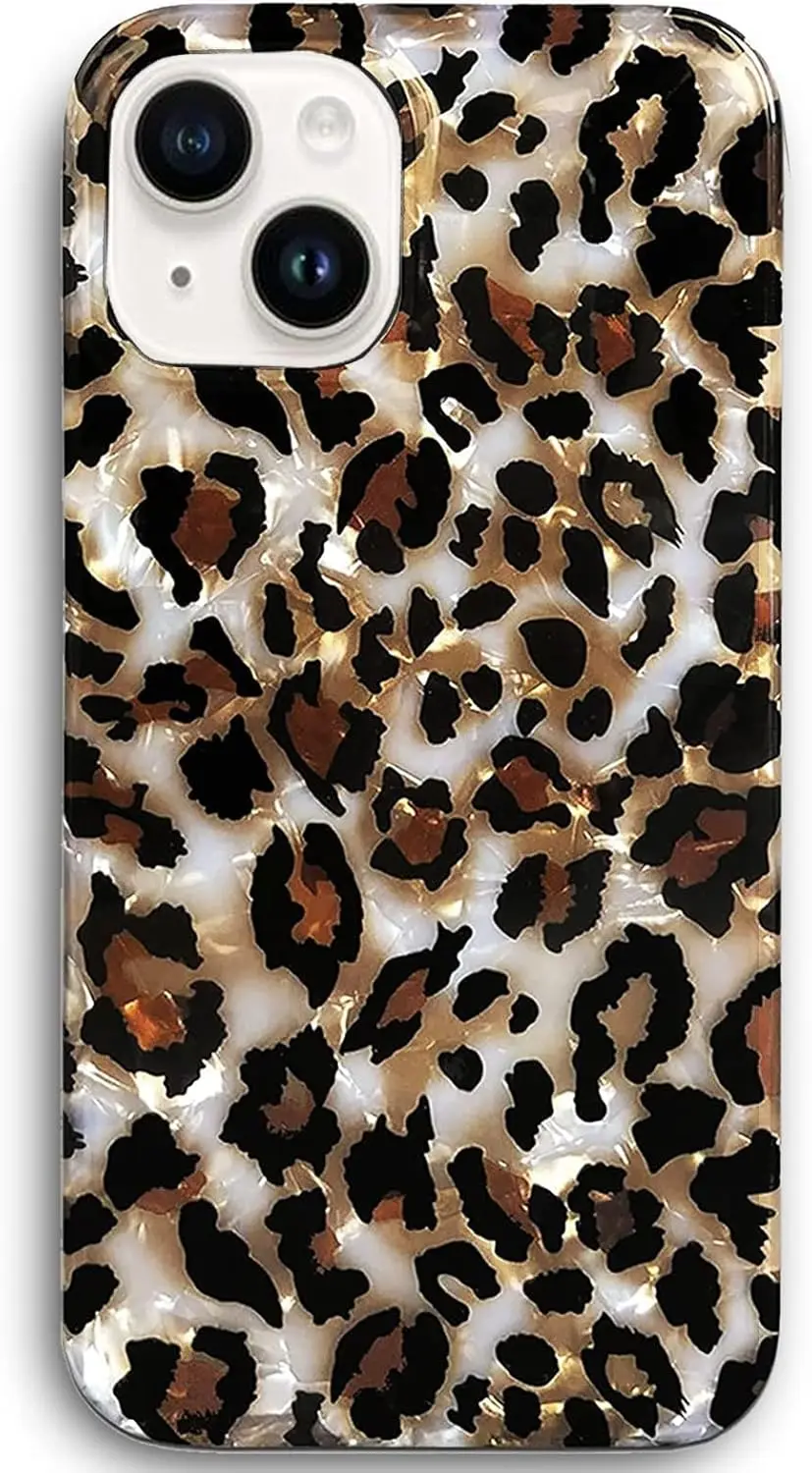 

Sparkle Leopard Print iPhone 15 Case, Clear Translucent TPU Cover with Pearly Design for Women