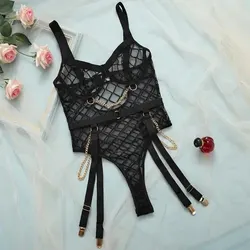 Women's Tight Fitting Transparent Jumpsuit Women's Sexy Lace Decoration with Chain V-Neck Suspender Jumpsuit Pajamas
