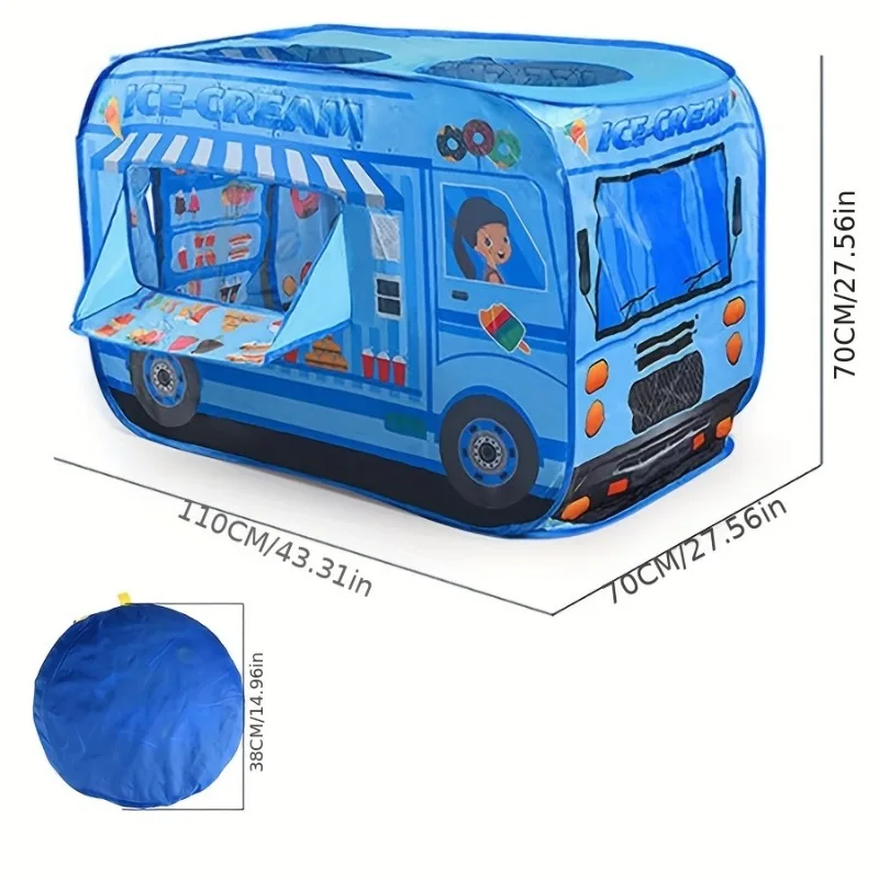 Tente de jeu voiture de crème glacée bleue Pop up 3 ouvertures maison de jeu pour enfants camion à desserts bleu salle de jeu à thème adaptée à l'intérieur et à l'extérieur