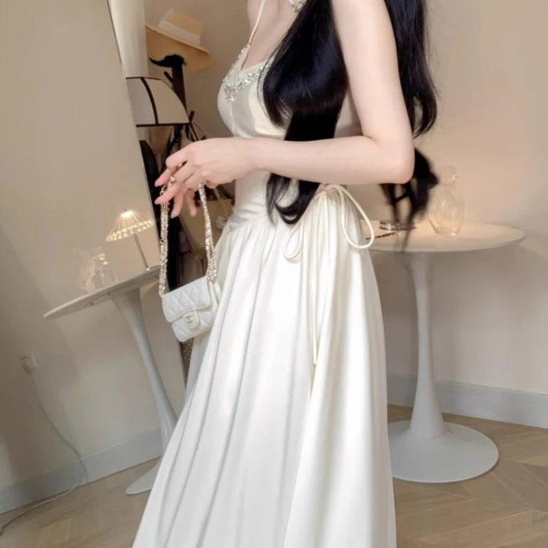 HOUZHOU Elegant Evening Party Dresses for Women White Long Sleeveless Bodycone Dress Korean Midi Vintage Sweet Dress Chic