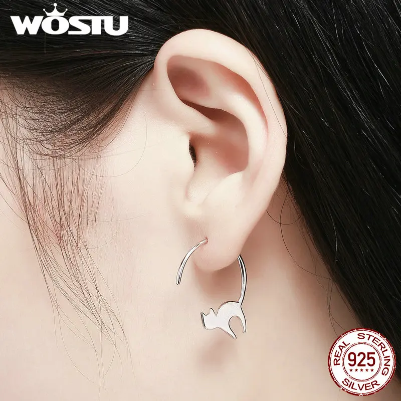 WOSTU Real 100% 925 Sterling Silver Lovely Cat Pet Stud Earrings For Women S925 Silver Earring Fashion Jewelry Gift FIE073