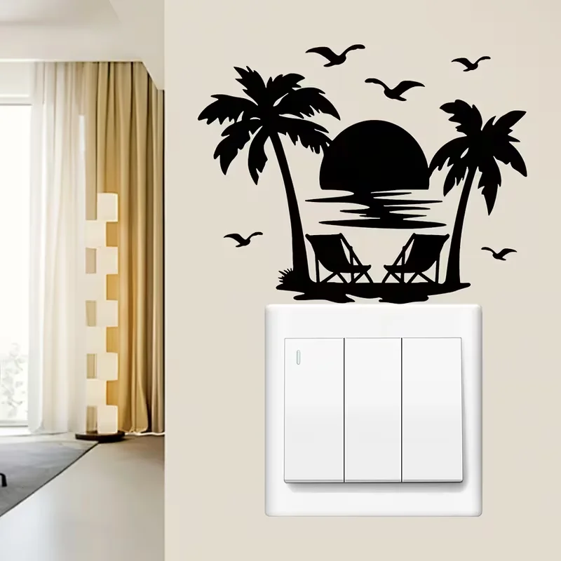 1PC beach silhouette switch sticker, tropical coconut tree sunset decoration sticker