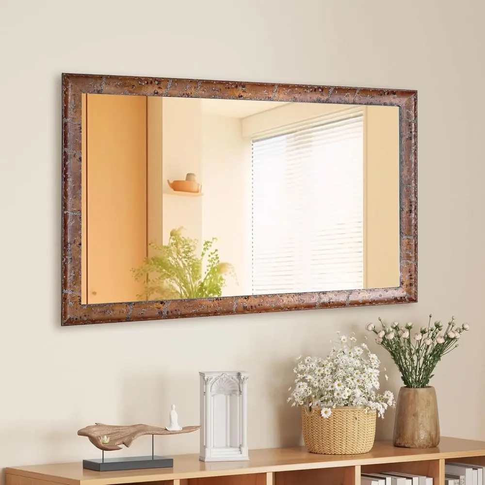 مرآة مستطيلة بإطار خشبي بني ريفي مقاس 20 × 30 بوصة لتزيين الحمام وديكور المنزل #4