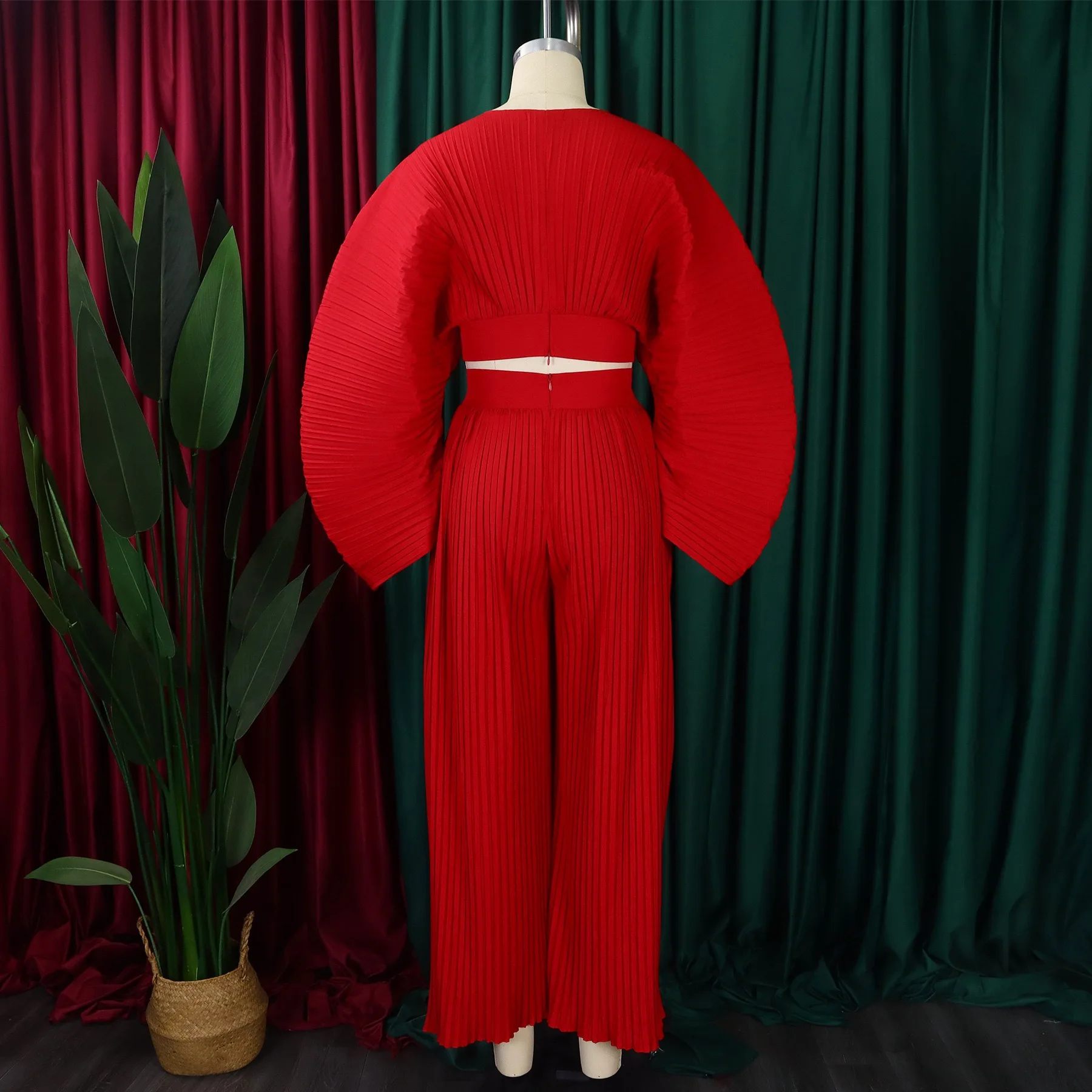 Women 2 Pieces Pants Sets Pleated Blouse V Neck Full Sleeve & Long Trousers Floor Length Elegant Ladies Outfits Pants Sets 2024