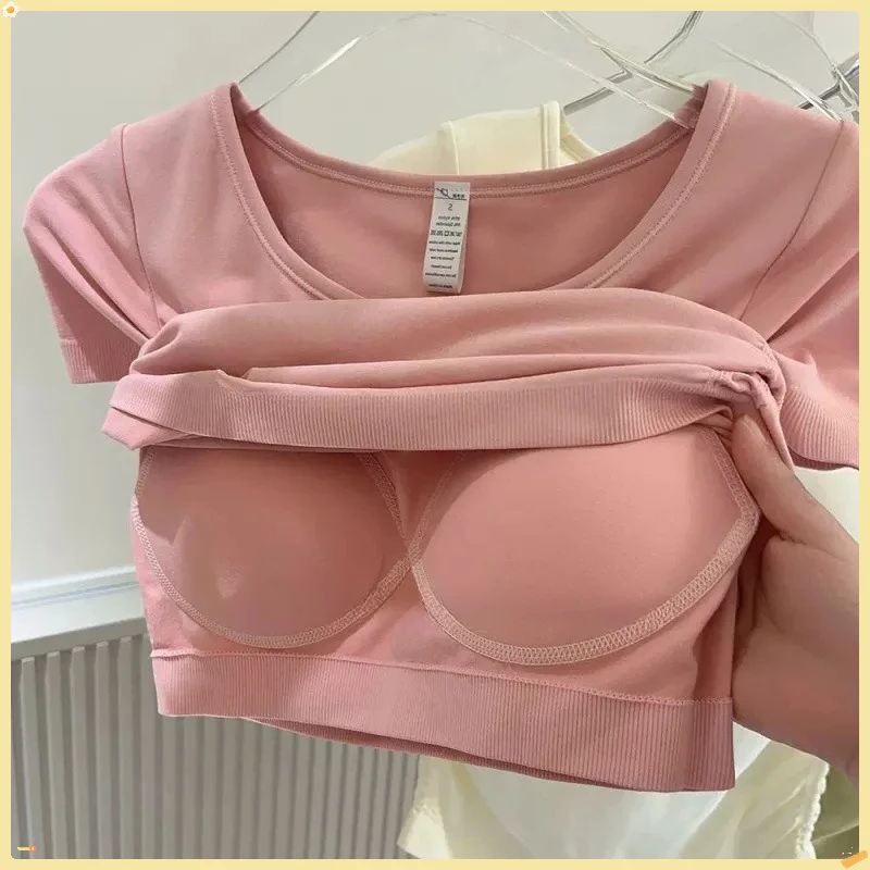 

2025 New T-Shirts Women with Chest Pads Ruched Solid V-neck Slim Fit Chic Popular Ins Bodybuilding Tops Korean Fashion Summer