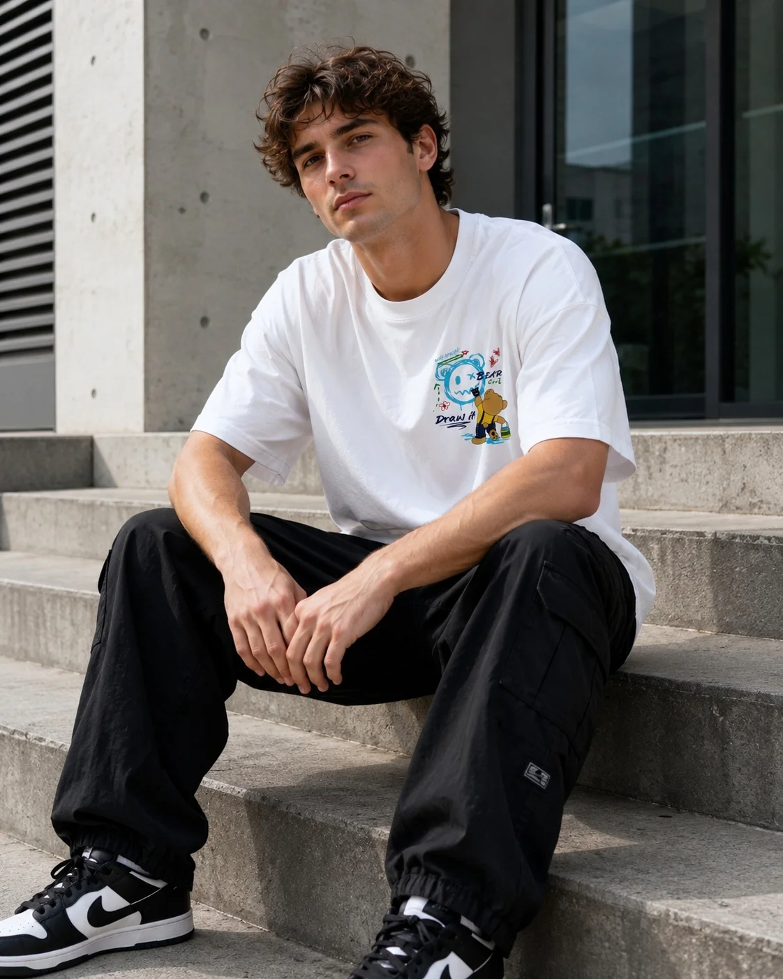 Men's Summer Graffiti Bear Draw Cool Print Short Sleeve Loose T-shirt For Y2K Street Style Daily Retro Cute Fashion Casual Wear