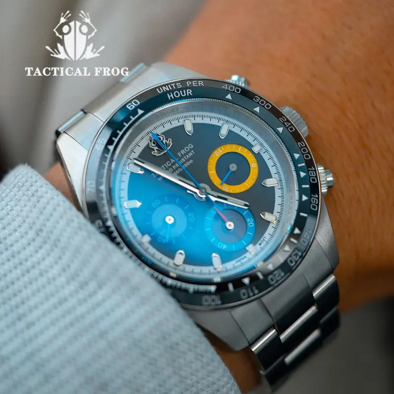 Tactical Frog Men\'s Chronograph Watch VS75 Solar Quartz Movement Waterproof Date Sapphire Crystal C3 Luminous Quartz Wristwatch