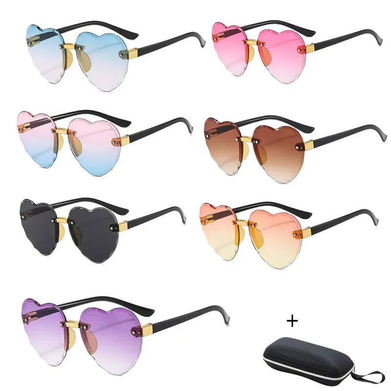 Cute Cute Kids Rimless Sunglasses Children Heart-shaped Sun Glasses Ocean Lenses UV 400 Protection Eyewear With Glasses Case - Aliexpress Deal