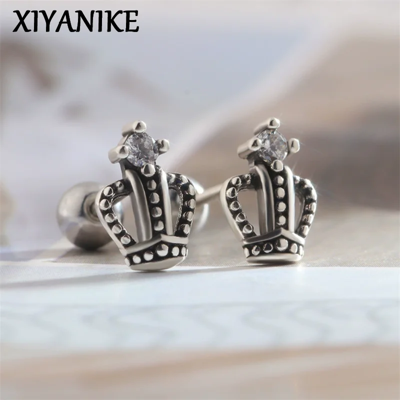 

XIYANIKE Retro Crown Beads Screw Ear Stud Piercing Earrings For Men Women Fashion New Jewelry Accessories Gift Party Rock