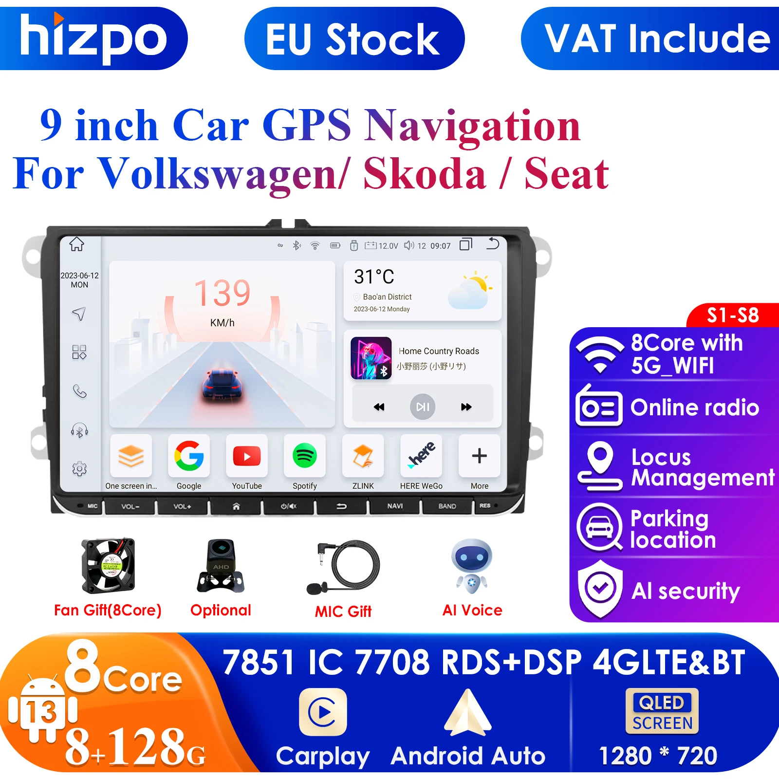 Android 12 Car Radio Multimedia Player For VW/Volkswagen/Golf/Passat/b7/b6/Skoda/Seat/Octavia/Polo/Tiguan Navigation GPS 2Din 4G