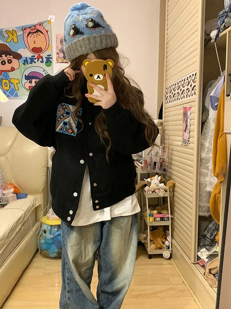 

Baseball Jackets Oversized Womens Spring Aviation Grid Functional Detachable Coverup Hemline Single-Breasted Waistband Overlong