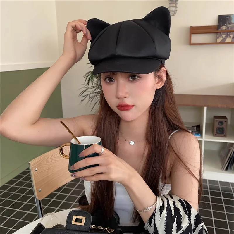 

Korean Cat Ear Newsboy Hat Adjustable Pumpkin Beanie with Duck Bill Brim Octagonal Beret for Women Girls