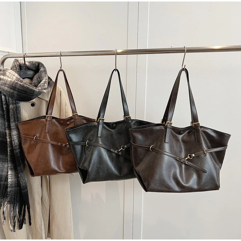 Europa Amerika Mode Einkaufstasche Retro Große Kapazität Umhängetaschen High-End Einfarbig Casual Bag Premium Leder Pendler Taschen – Detail 15
