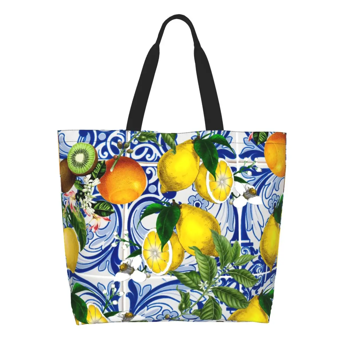 Bolso de compras de lona personalizado, bolsa de hombro de gran capacidad con diseño de limones sobre azulejos de cerámica azules, ideal para el verano