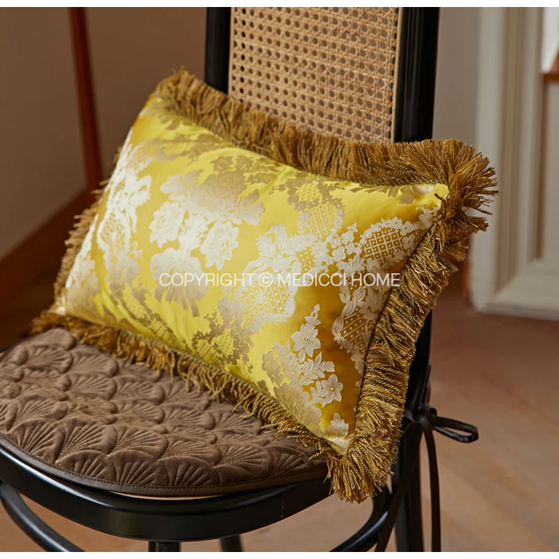 Medicci Home Persian Classic Damask Floral Jacquard Lumbar Pillow Cover Luxe Silk Satin Fringed Cushion Case 30X50 Bright Yellow