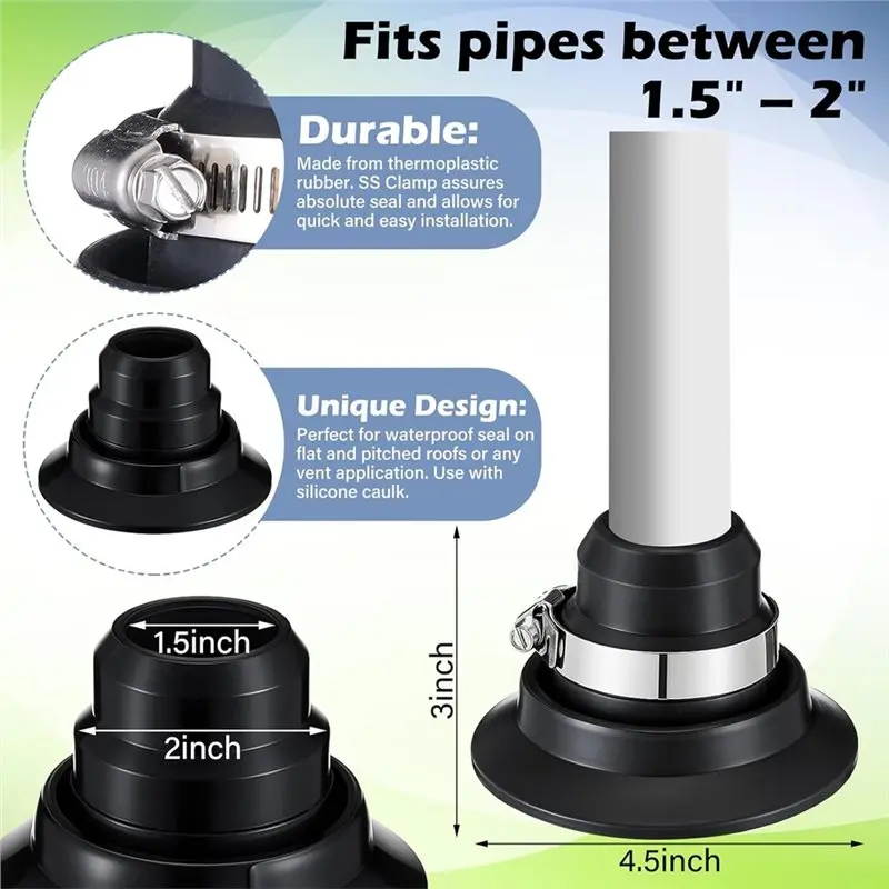 AB02 Roof Vent Pipe Flashing Kit With Stainless Steel Clamp Fit 2 Pcs 1.5