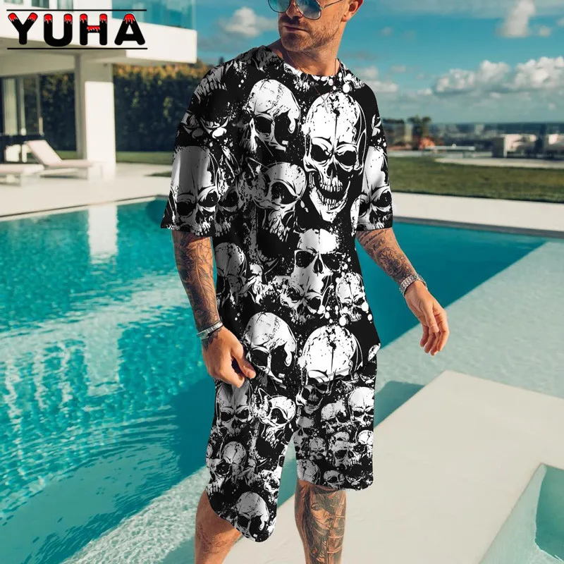 YUHA,Summer Men\'s Clothing T Shirt Sets 3D Terrible skeleton Print Casual Shorts Tracksuit Male 2 Piece Suit Newest  Short Sleev