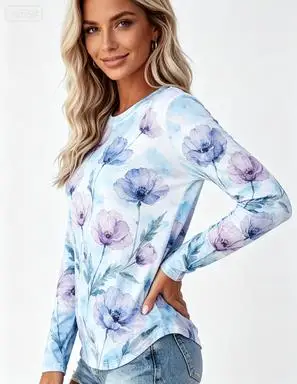Women Long Sleeve T‑Shirt Watercolor Rose Hydrangea Floral Print Crew Neck Loose Casual Daily Tops