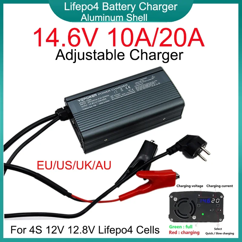 

14.6V 10A/20A Lifepo4 Battery Adjustable Charger LED With Fan 4S 12V 12.8V Lifepo4 Battery Pack Adjustable Current Fast Charging