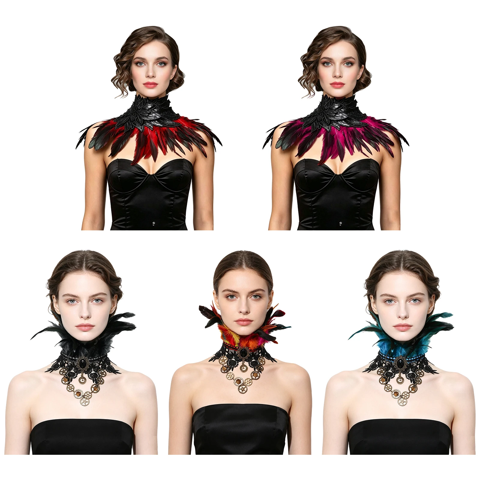 Women Faux Feather Neck Lace-trimmed Gaiter Adjustable Faux Collar Costume Accessaries for Halloween Cosplay Stage Performance