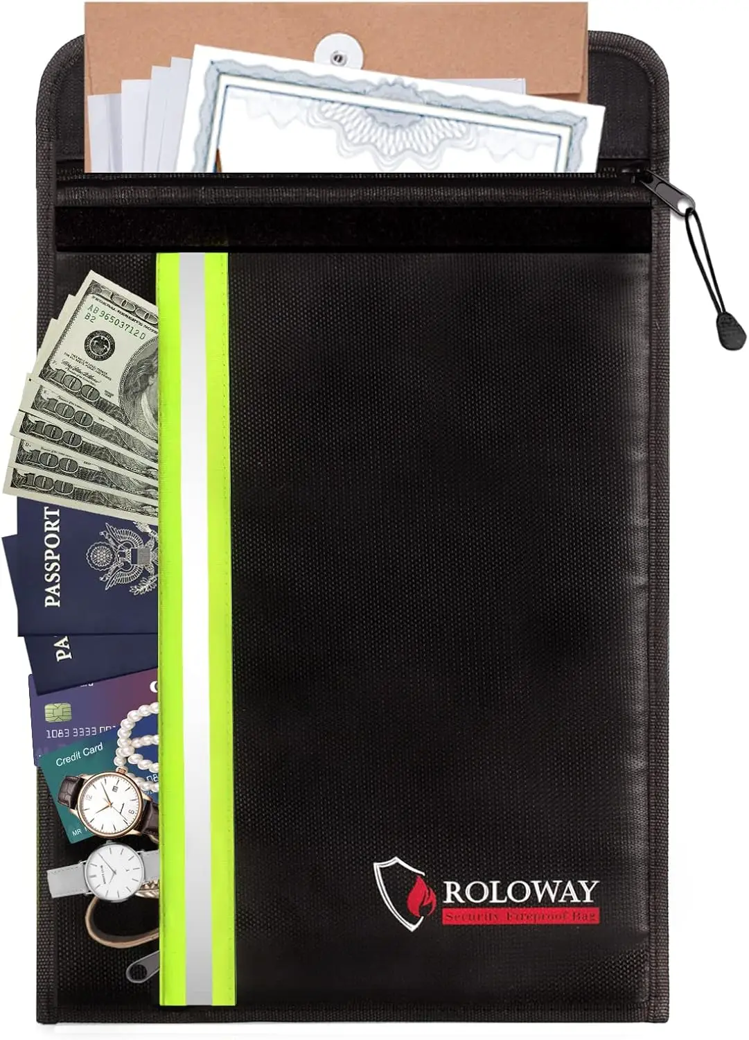 

Fireproof Waterproof Document Bag with 2 Pockets, Reflective Strip & Hanging Strap for Cash, Legal Papers (15x11 inch)