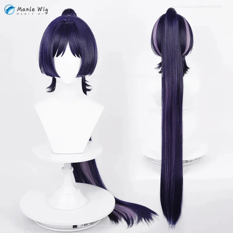 게임 Scaramouche Wanderer Balladeer 코스프레 진한 파란색 보라색 짧은 애니메이션 내열성 합성 머리 + 가발 모자 f.;78;hbo